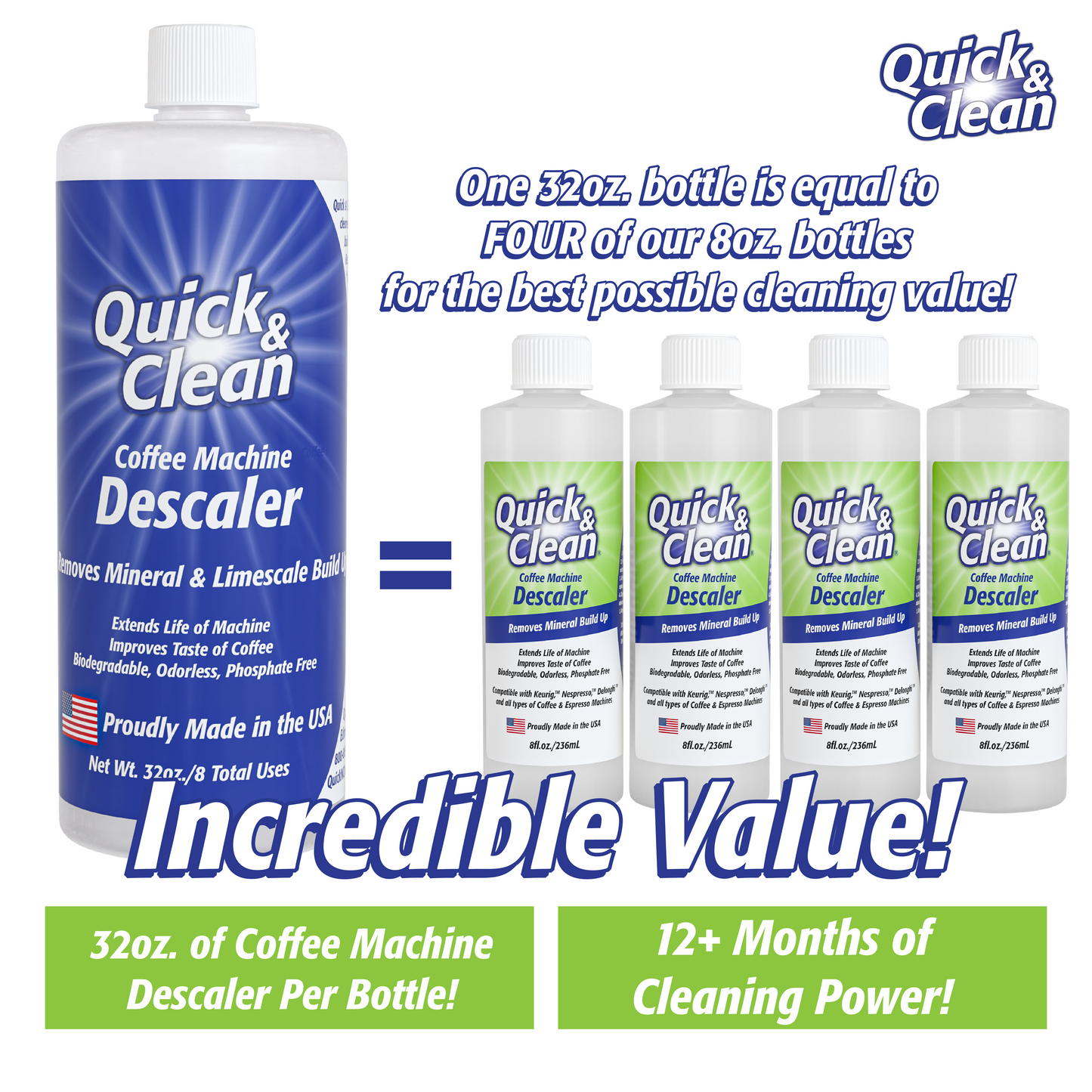 Quick & Clean 32oz/ 1 Liter Descaler Universl formula Compatible with Bottle