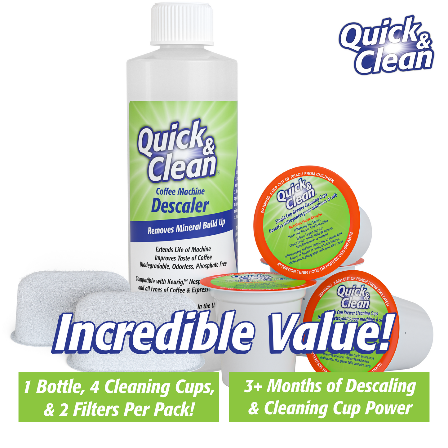 4-Pack of Cleaning Cups + 2 Filters with Descaler Bundle (2 Total Uses)