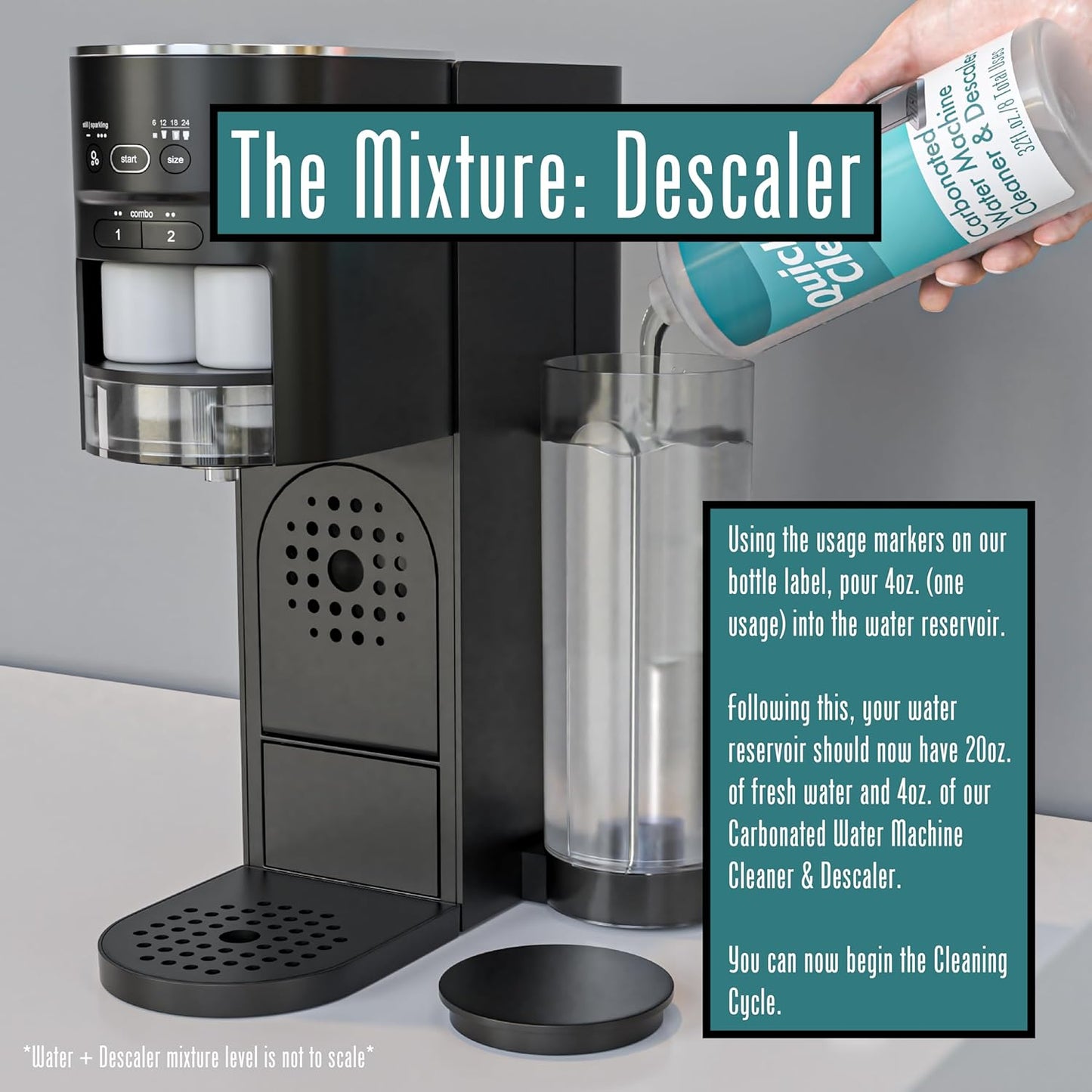 Quick & Clean 32oz. Carbonated Water Machine Cleaner & Descaler - Made in the USA - Compatible with At-Home Carbonated Water Machines - Removes Mineral & Limescale Buildup