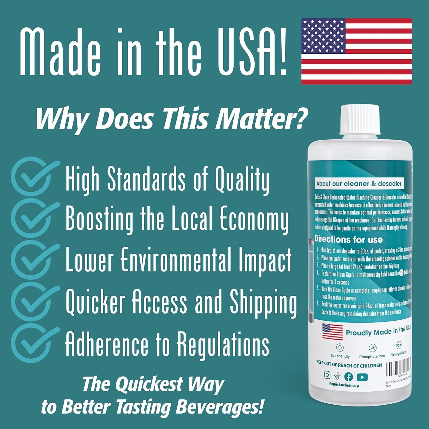 Quick & Clean 32oz. Carbonated Water Machine Cleaner & Descaler - Made in the USA - Compatible with At-Home Carbonated Water Machines - Removes Mineral & Limescale Buildup
